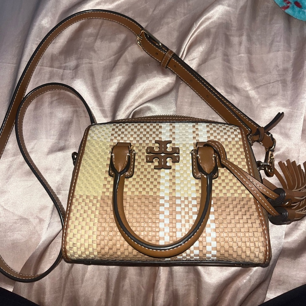 TORY BURCH thea mini woven satchel brown tan